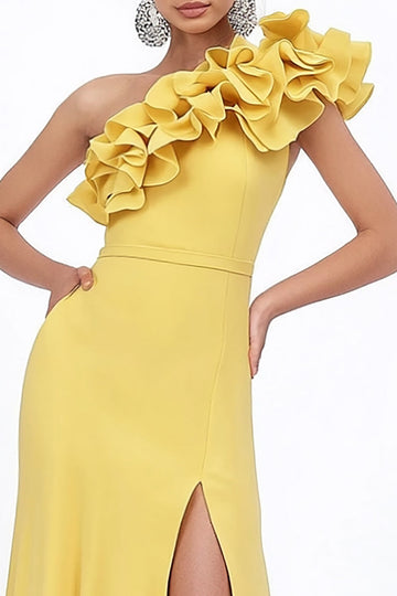 Yellow One Shoulder Ruffled Long Wedding Guest Dress with Slit